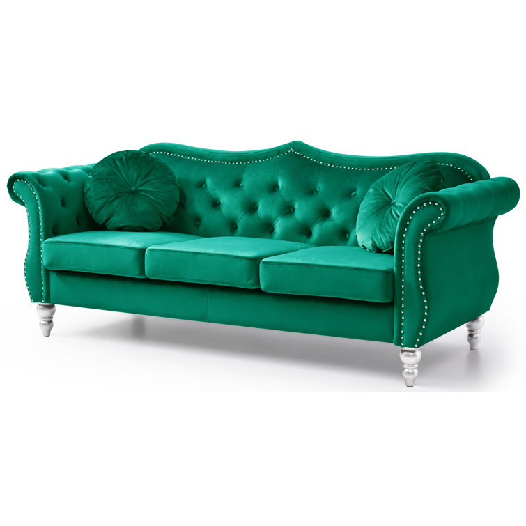 Hollywood 82'' Green Velvet Tufted Sofa with Nailhead Trim