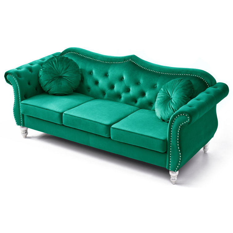 Hollywood 82'' Green Velvet Tufted Sofa with Nailhead Trim