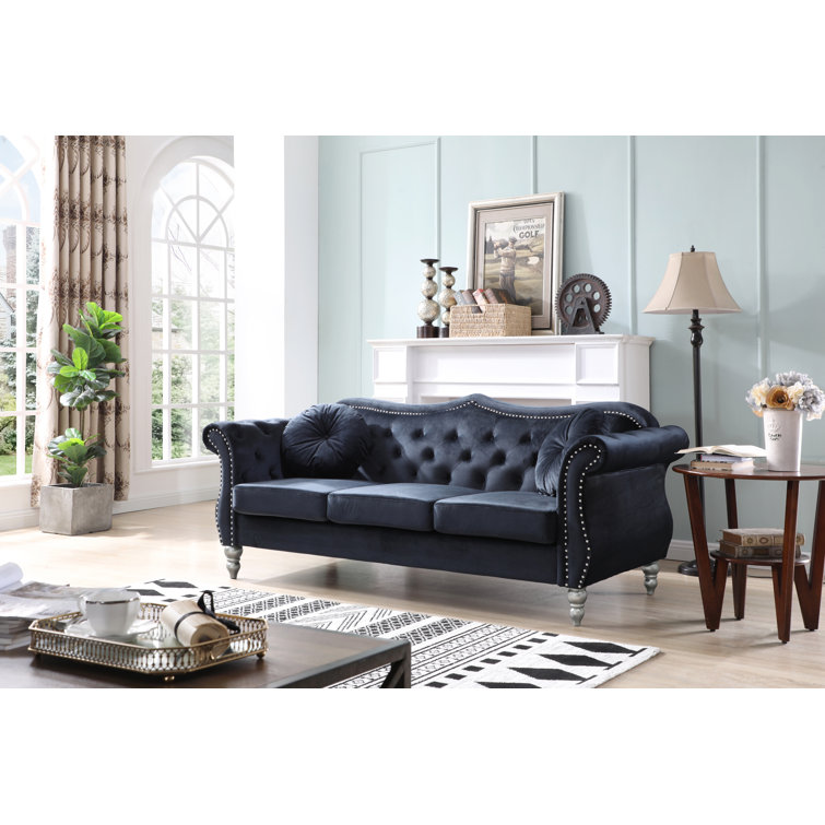 Hollywood Glam 82'' Tufted Black Velvet Sofa with Nailhead Accents