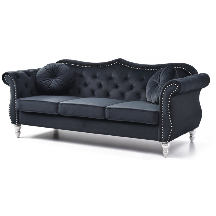 Hollywood Glam 82'' Tufted Black Velvet Sofa with Nailhead Accents