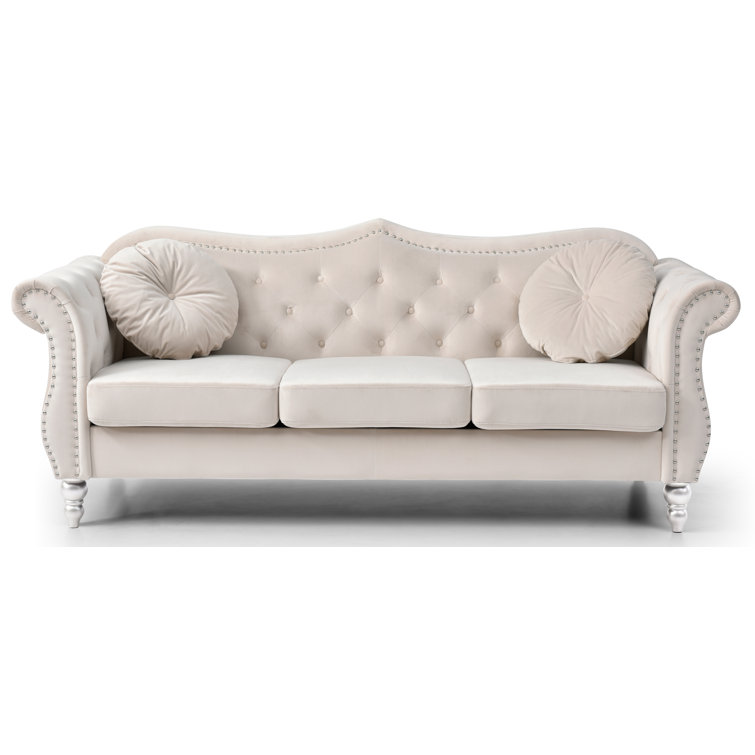 Ivory Tufted Velvet Sofa with Nailhead Trim and Wood Legs