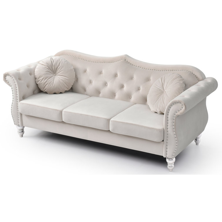 Ivory Tufted Velvet Sofa with Nailhead Trim and Wood Legs