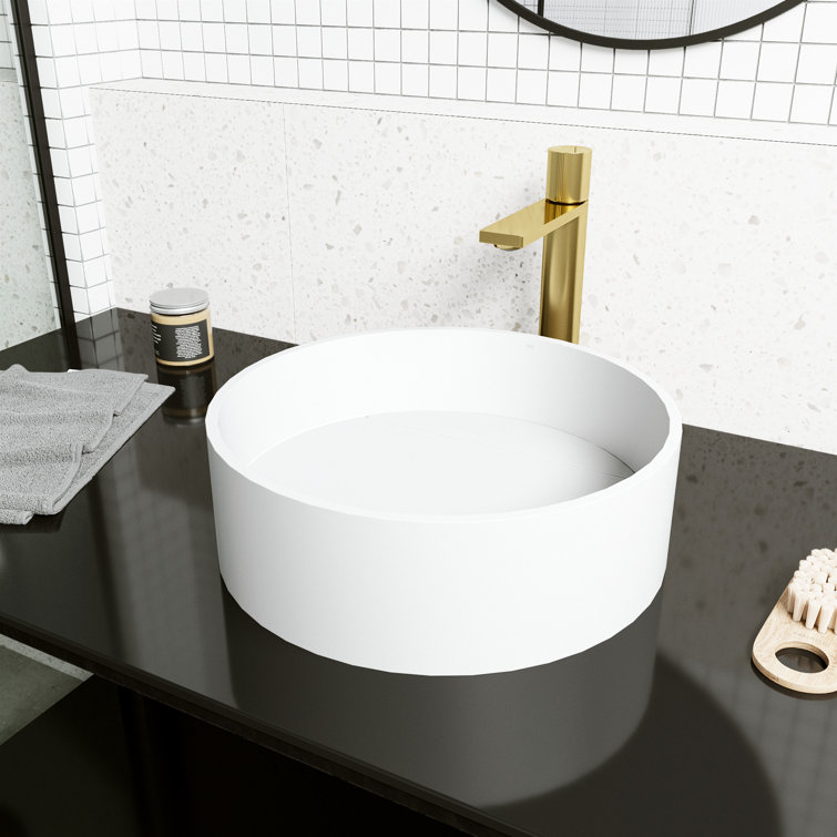 Montauk Matte White Stone Round Vessel Sink with Gold Faucet