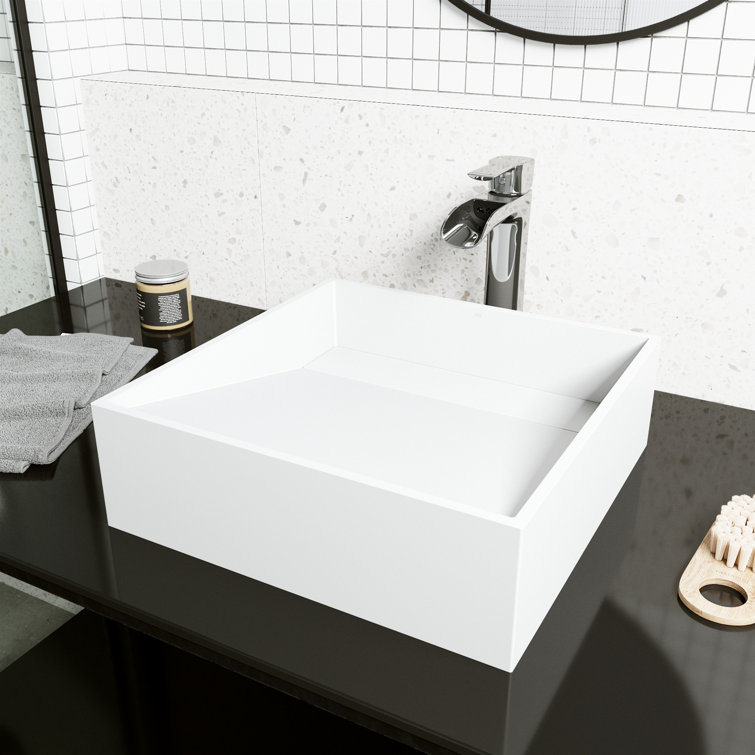 Matte White Square Stone Above-Counter Vessel Sink
