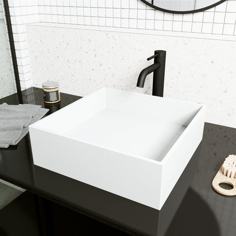 Montauk 15" White Matte Stone Vessel Sink with Matte Black Faucet