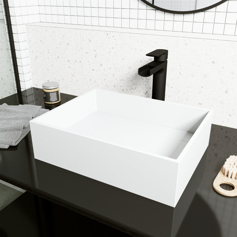 Montauk White Matte Stone Rectangular Vessel Bathroom Sink