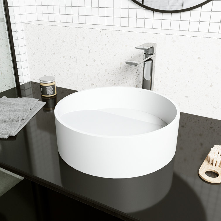 Matte White Round Stone Above-Counter Vessel Sink, 15-inch