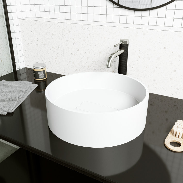 Bryant 15" Round White Matte Stone Vessel Sink with Faucet