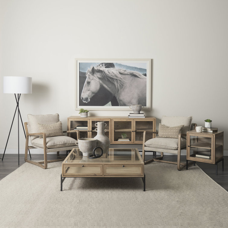 Light Brown Mango Wood and Glass Square Coffee Table with Storage