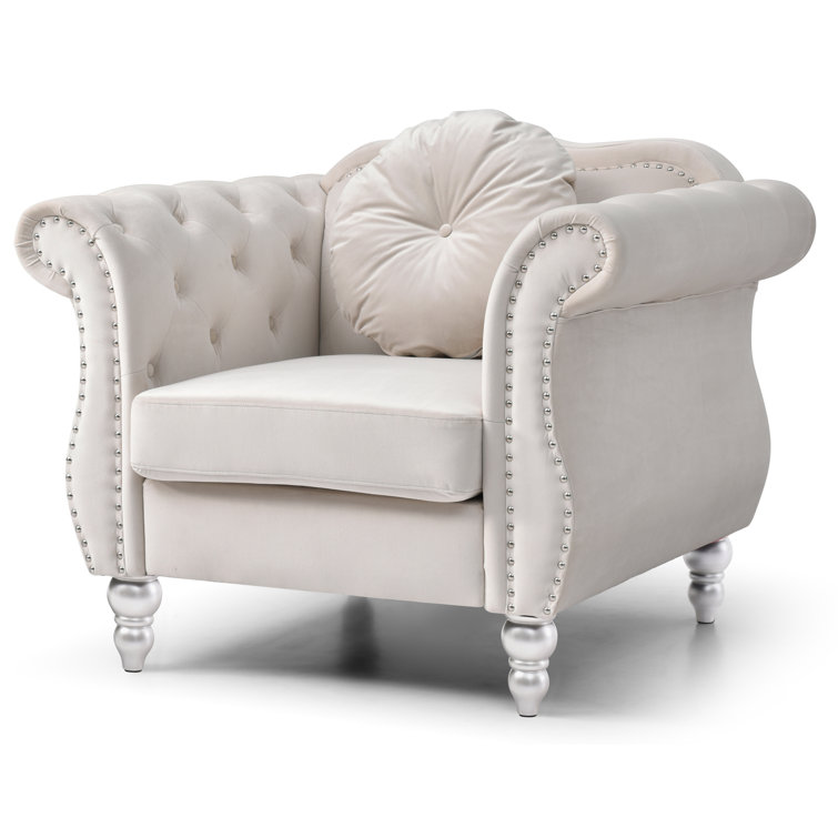 Ivory Velvet Rolled Arm Accent Chair with Button Detail