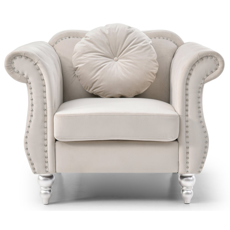 Ivory Velvet Rolled Arm Accent Chair with Button Detail