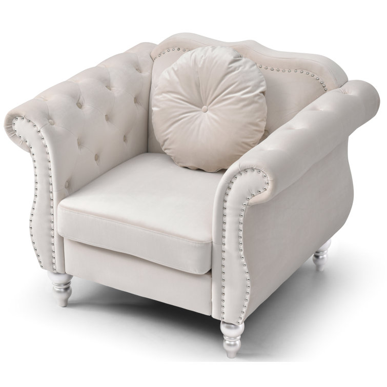 Ivory Velvet Rolled Arm Accent Chair with Button Detail