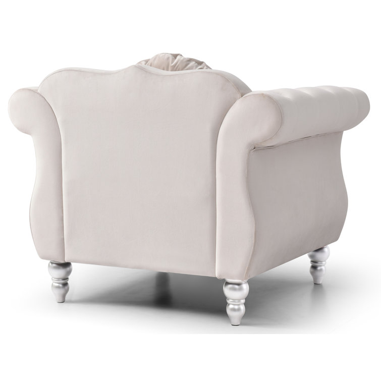 Ivory Velvet Rolled Arm Accent Chair with Button Detail