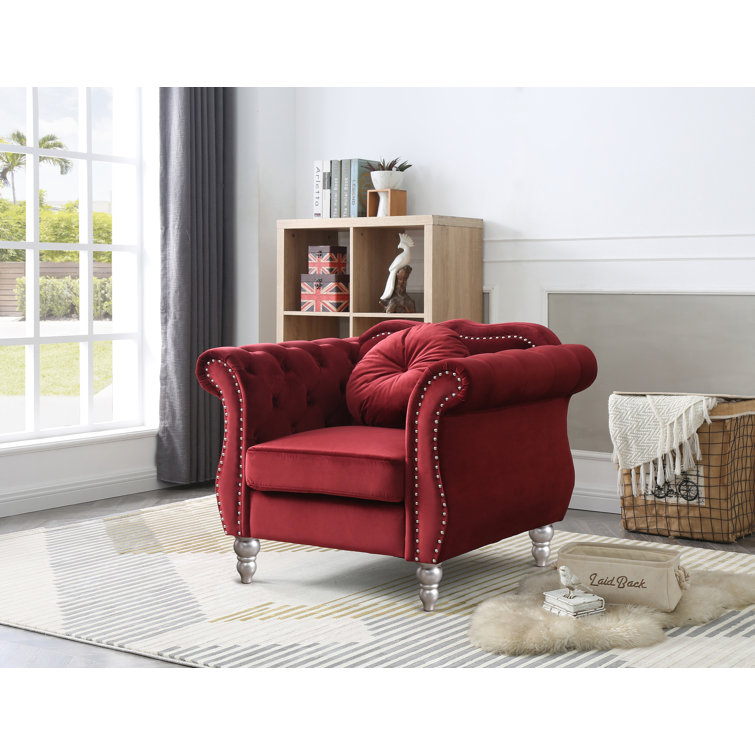 Burgundy Velvet Tufted Accent Chair with Wood Frame