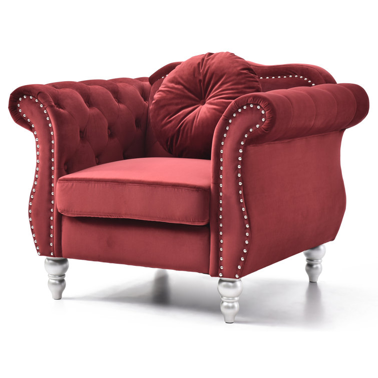 Burgundy Velvet Tufted Accent Chair with Wood Frame