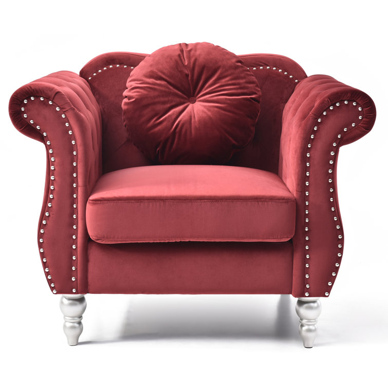 Burgundy Velvet Tufted Accent Chair with Wood Frame