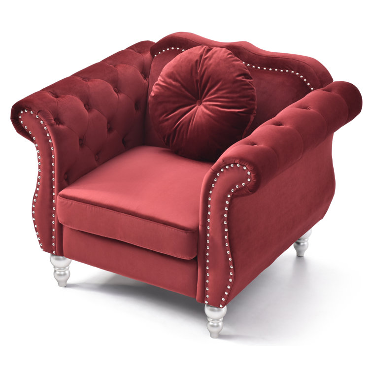 Burgundy Velvet Tufted Accent Chair with Wood Frame