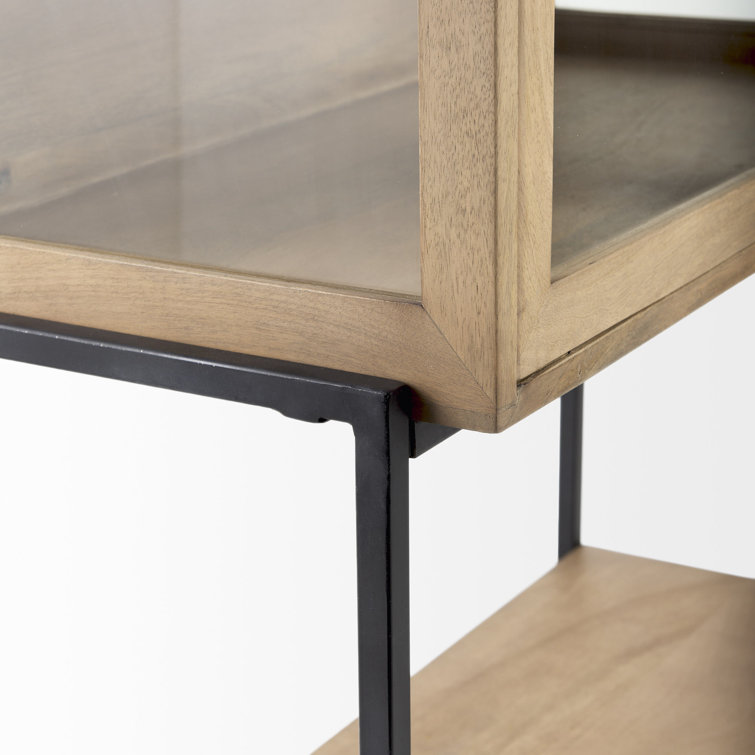 Light Brown Wood and Glass Curio Cabinet with Metal Base