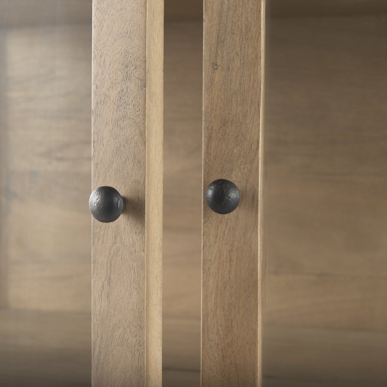 Light Brown Wood and Glass Curio Cabinet with Metal Base