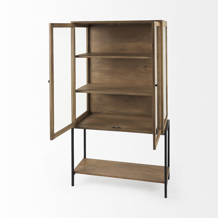Light Brown Wood and Glass Curio Cabinet with Metal Base