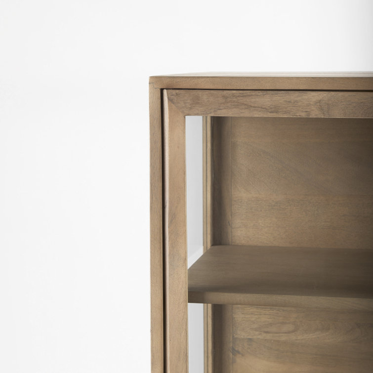 Light Brown Wood and Glass Curio Cabinet with Metal Base