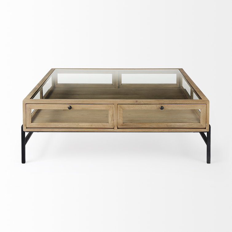Light Brown Mango Wood and Glass Square Coffee Table with Storage