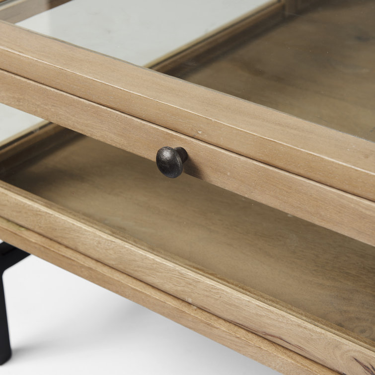 Light Brown Mango Wood and Glass Square Coffee Table with Storage