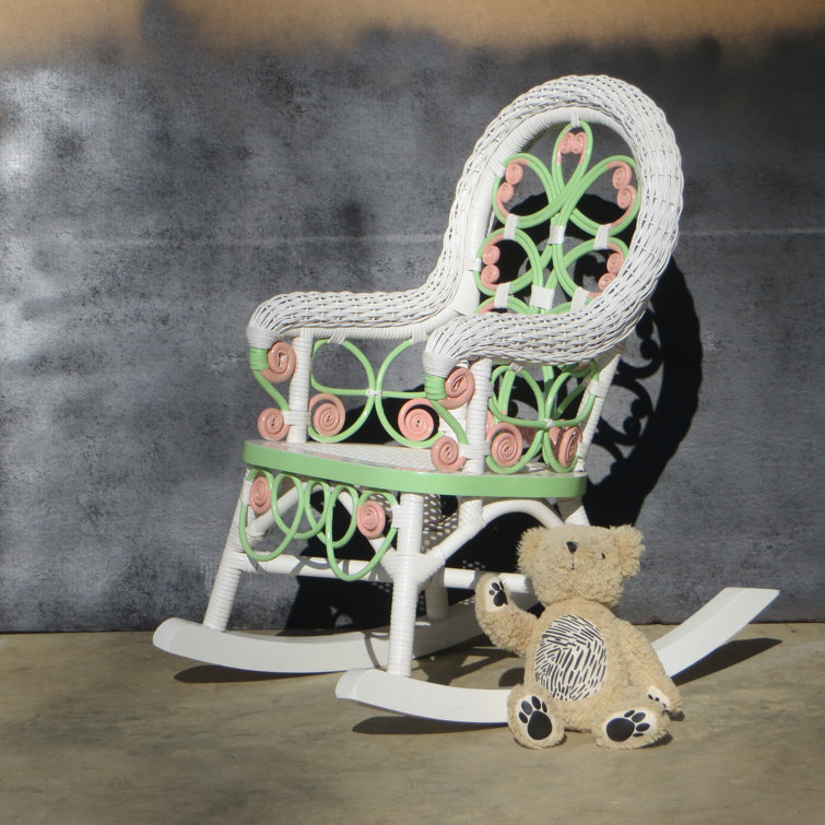 Victorian White Wicker Rocking Chair with Pink and Green Accents