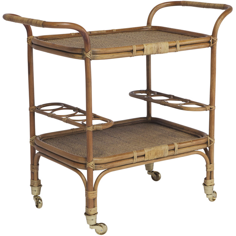 Antique Rattan Bar Cart with Wine Rack and Storage