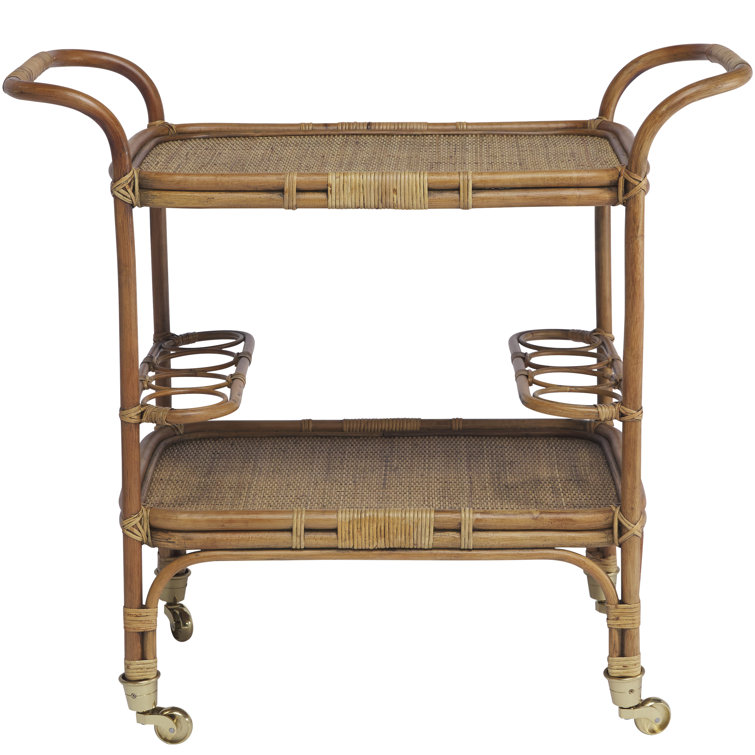 Antique Rattan Bar Cart with Wine Rack and Storage