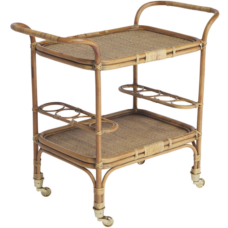 Antique Rattan Bar Cart with Wine Rack and Storage