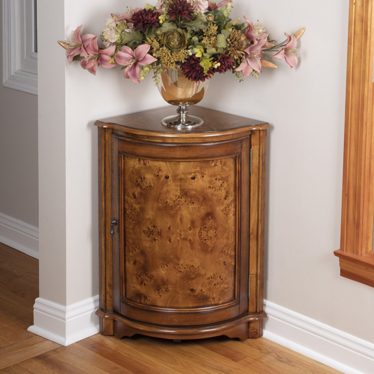 Durham Light Brown Olive Ash Burl Corner Cabinet with Adjustable Shelving