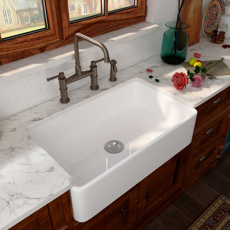 White Fireclay Rectangular Farmhouse Kitchen Sink with Stainless Steel Basket Strainer