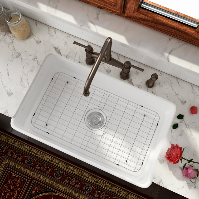 White Fireclay Rectangular Farmhouse Kitchen Sink with Stainless Steel Basket Strainer