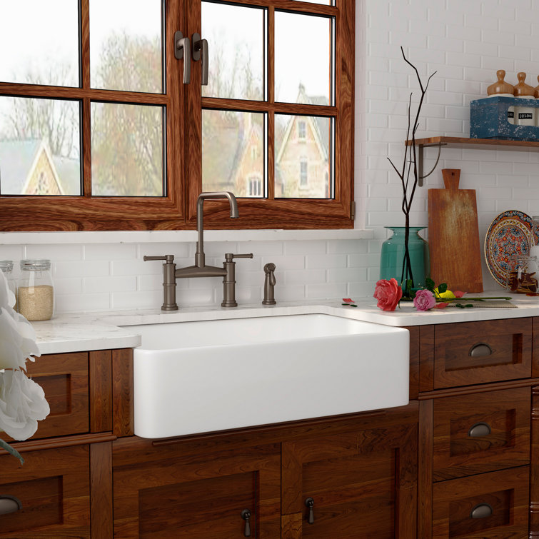 White Fireclay Rectangular Farmhouse Kitchen Sink with Stainless Steel Basket Strainer