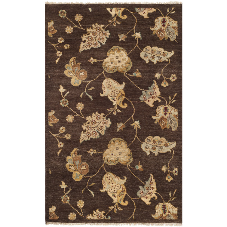 Hand-Knotted Brown Wool Floral Rectangular Rug, 3' x 5'