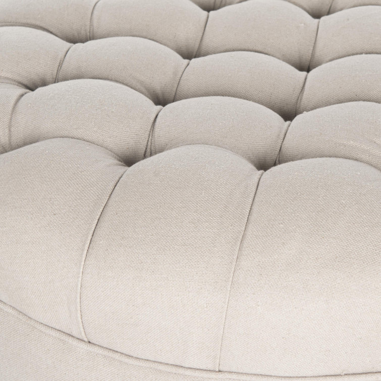 Transitional Tufted Beige Linen Round Ottoman with Casters