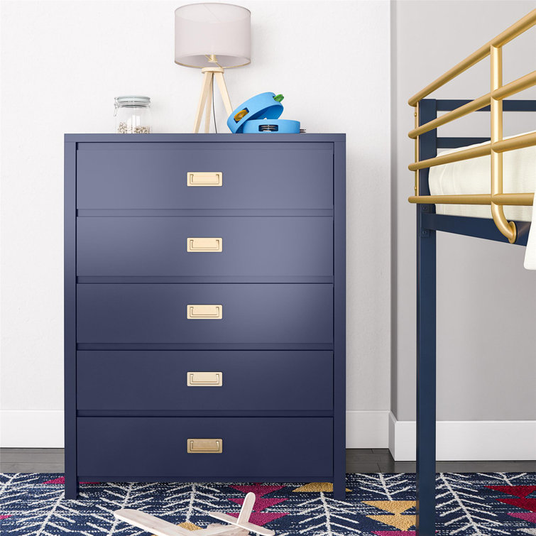 Navy and Gold 5-Drawer Campaign Style Dresser
