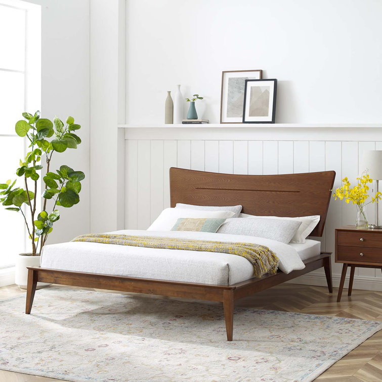 Astra Mid-Century Walnut Full Platform Bed with Wood Headboard