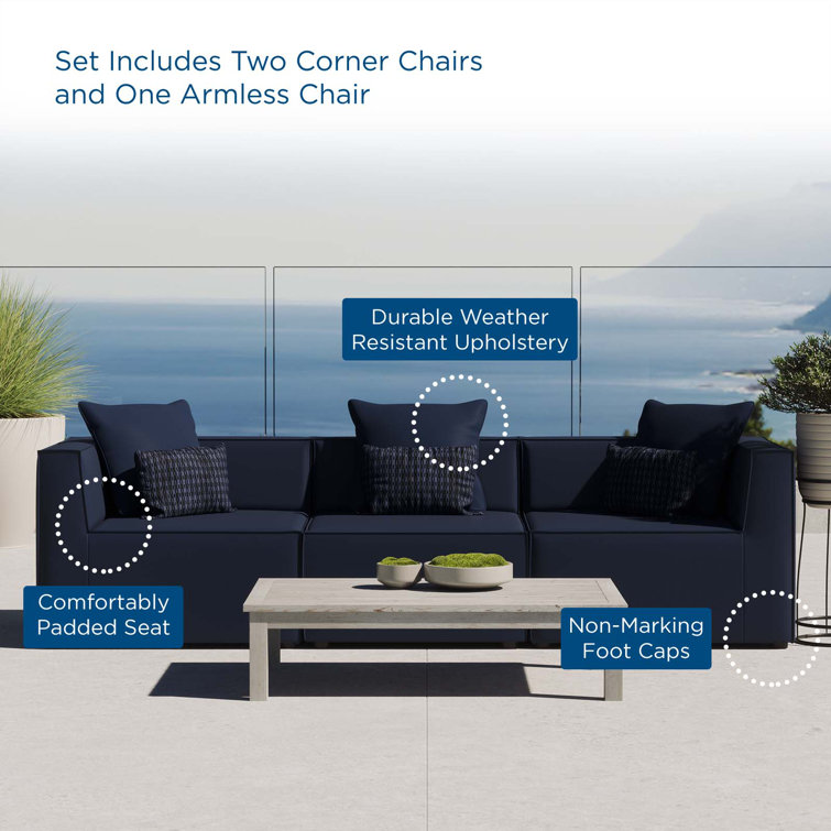 Navy Upholstered Three-Seat Outdoor Sectional Sofa with Metal Frame