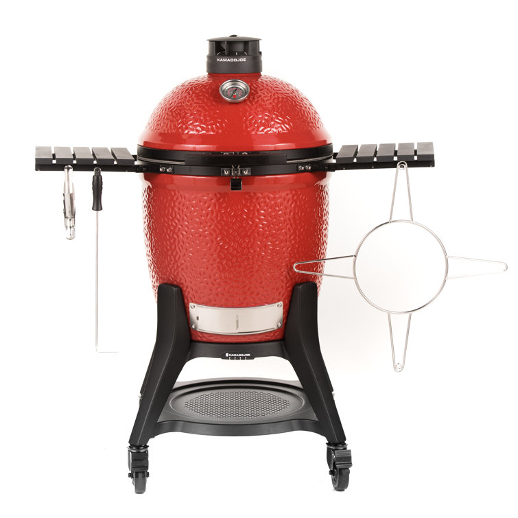 Classic Red 18-inch Ceramic Charcoal Grill with Cart and Shelves