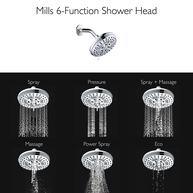 Mills Modern 7-inch Chrome 6-Function Wall Mounted Shower Head