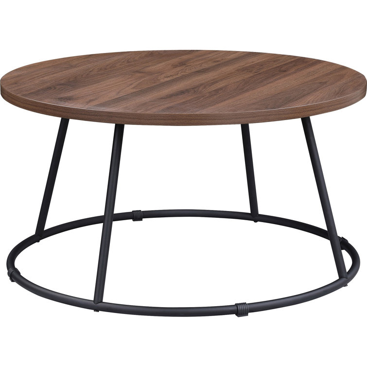 Lorell Round 31.5" Walnut Top Industrial Coffee Table with Metal Base