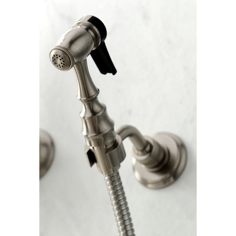 Heritage Brushed Nickel Wall-Mount Kitchen Faucet with Brass Sprayer