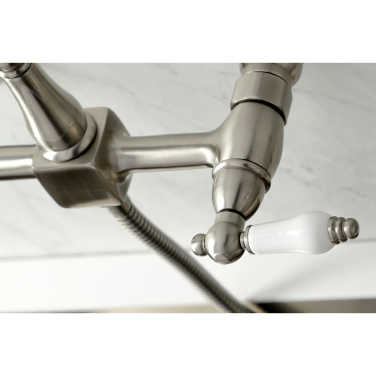 Heritage Brushed Nickel Wall-Mount Kitchen Faucet with Brass Sprayer