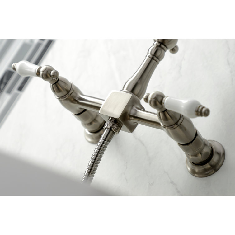 Heritage Brushed Nickel Wall-Mount Kitchen Faucet with Brass Sprayer