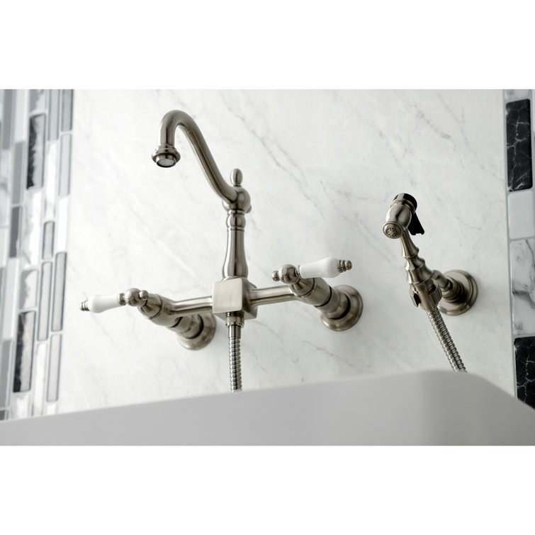Heritage Brushed Nickel Wall-Mount Kitchen Faucet with Brass Sprayer