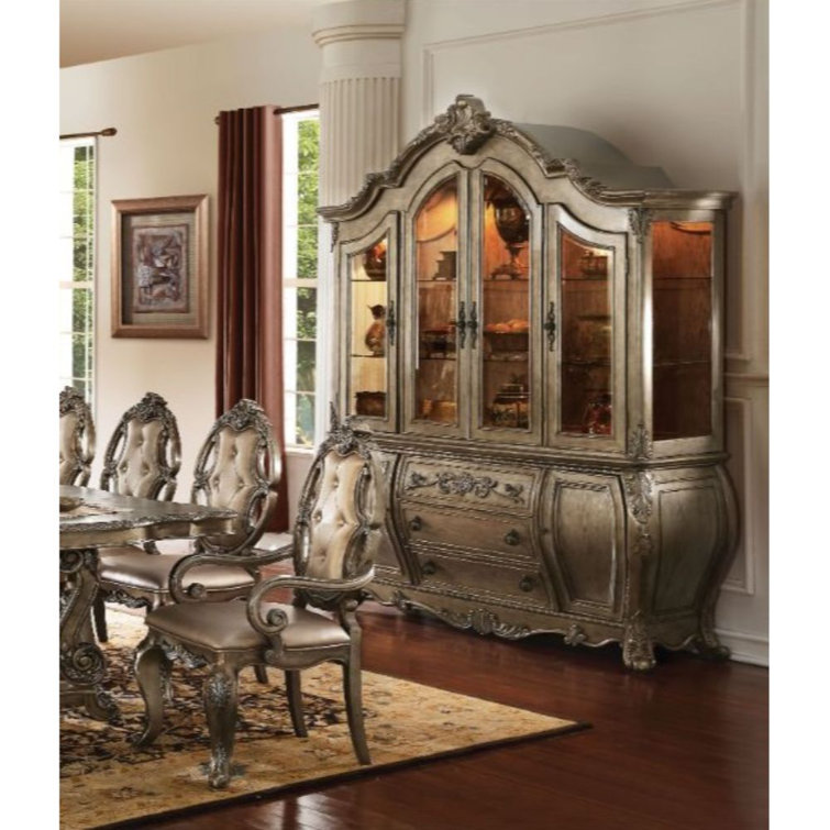 Elegant 72" Vintage Oak Lighted China Cabinet with Intricate Carvings