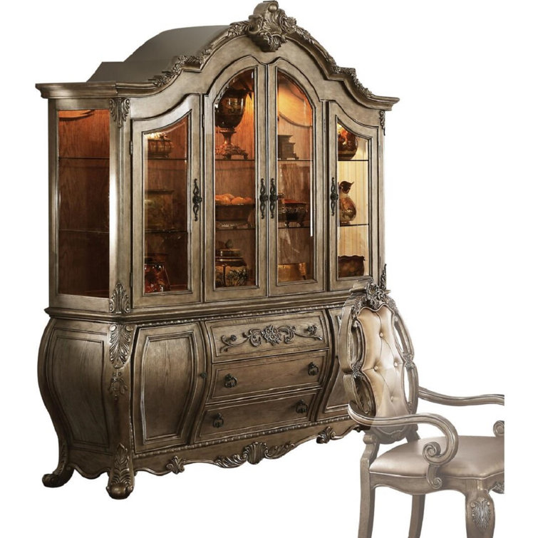 Elegant 72" Vintage Oak Lighted China Cabinet with Intricate Carvings