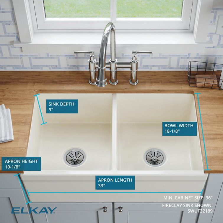 Elkay 33" White Fireclay Double Bowl Farmhouse Sink